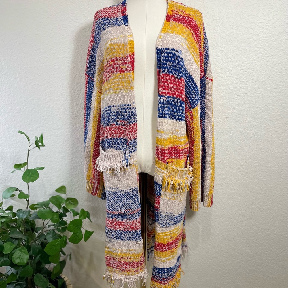 Multicolor Fringe Knit Duster Cardigan – Open Front – Boho Style